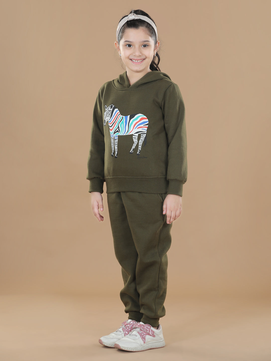 Girls Olive Zebra Printed Hooded Track Suit Set
