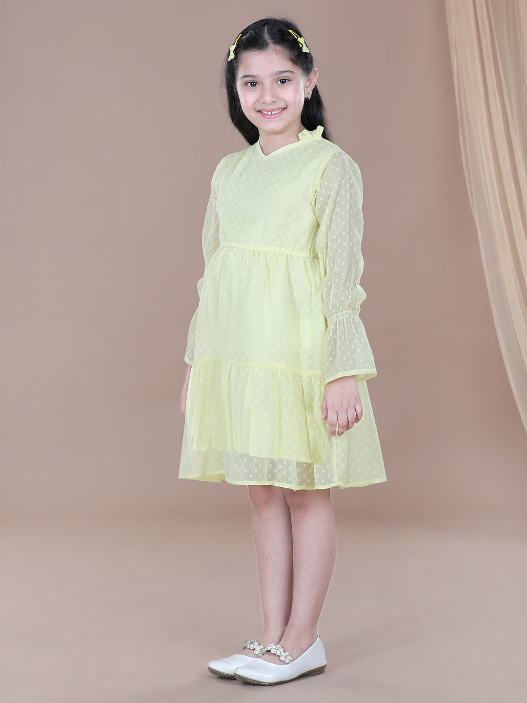 Yellow Self Design Polyester Dobby Dress
