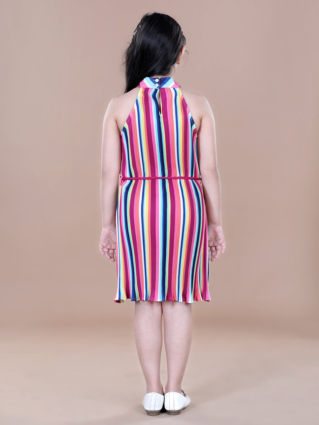 Multicolour Stripe Pleated Polyester  Dress