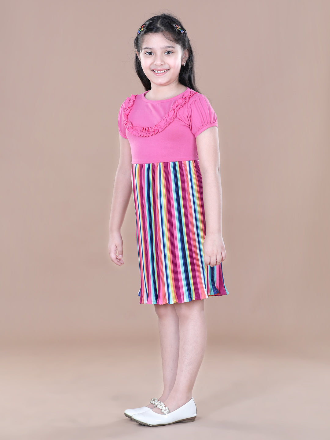 Girls Pink and Multi Coloured Stripe Pleated Dress