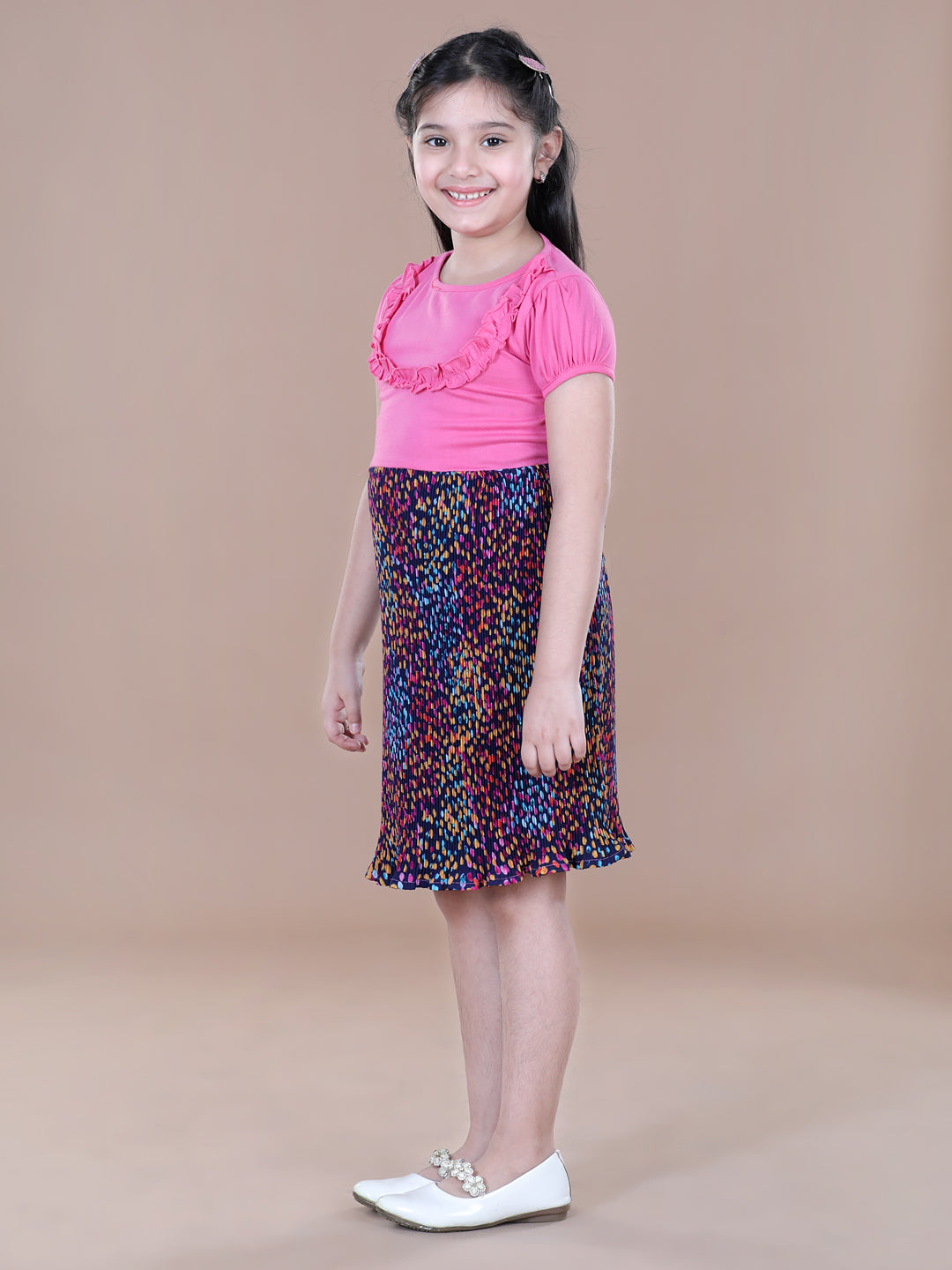 Girls Pink and Multi Coloured Polka Pleated Dress