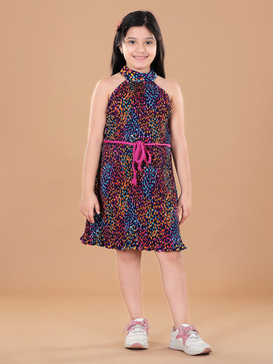 Multicolour Polka Pleated Polyester  Dress