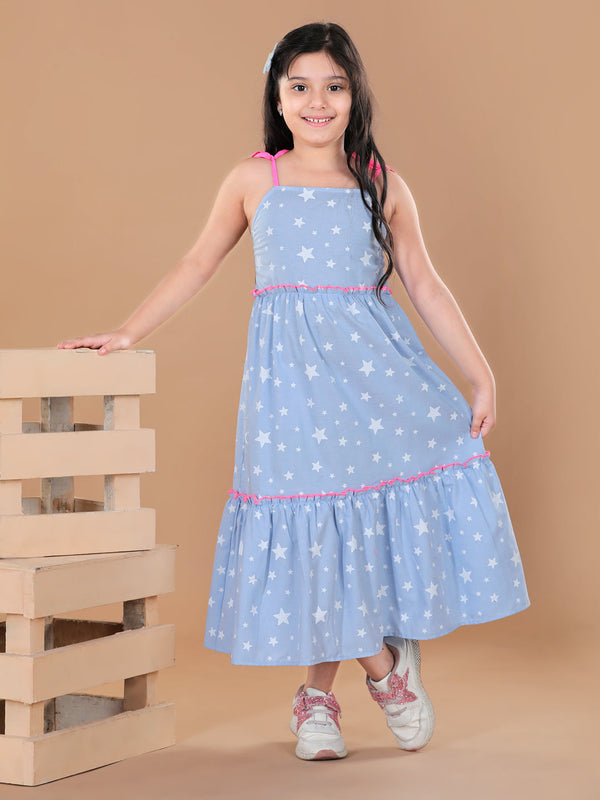 Girls Cotton Blue Star Printed Maxi Dress