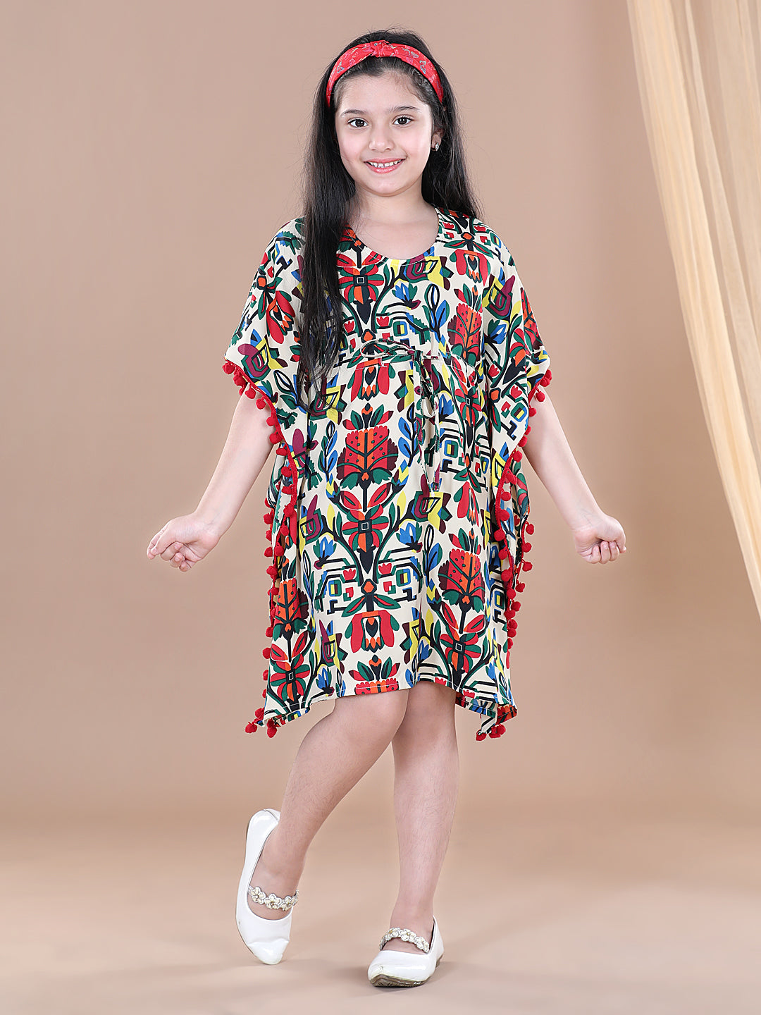 Girls Polyester  Printed Kaftan Dress with Pom Pom