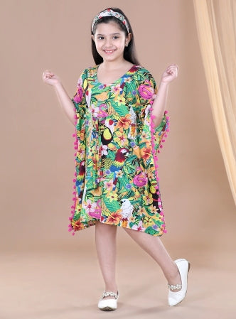Girls Rayon Printed Kaftan Dress with Pom Pom
