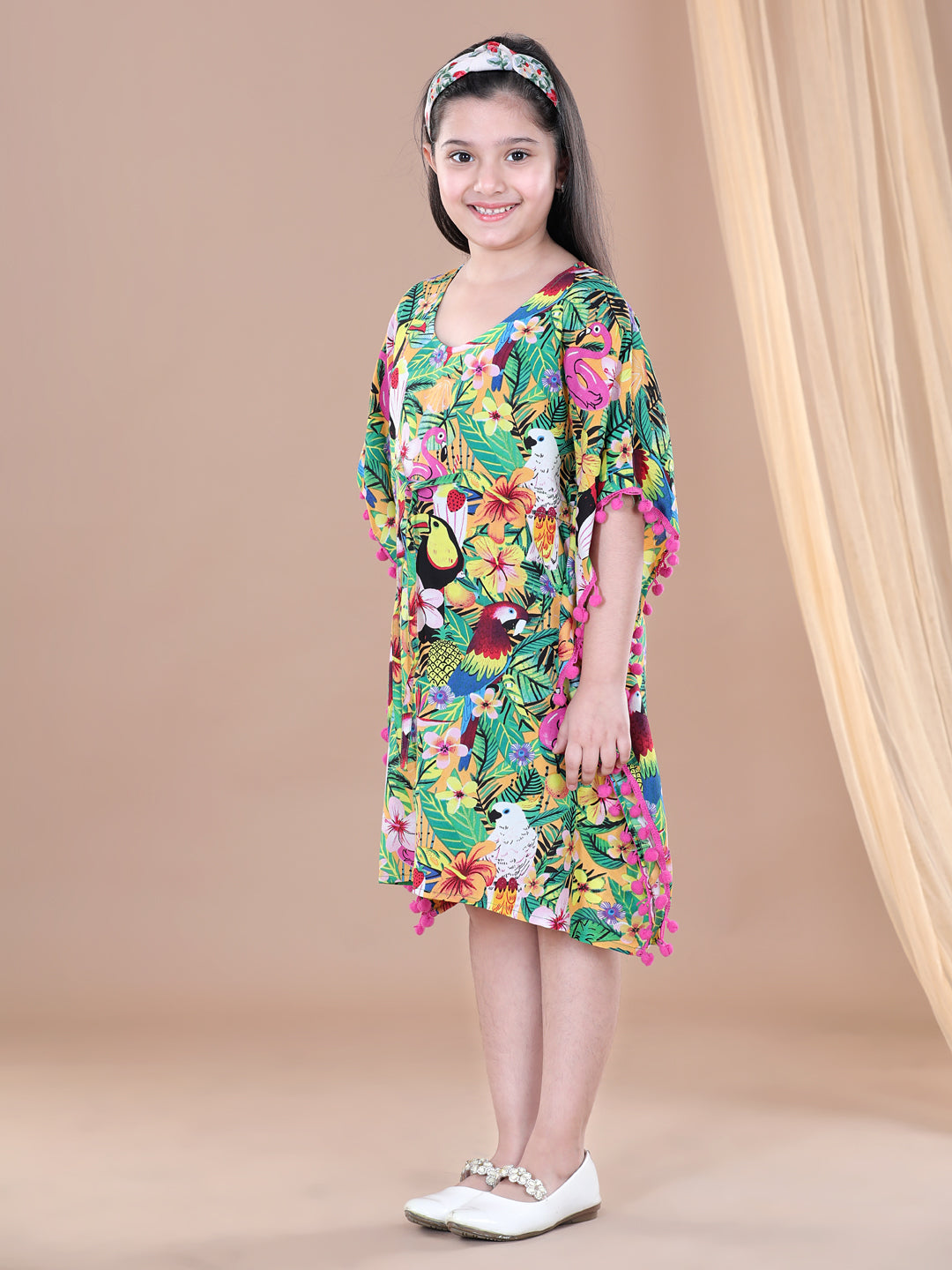 Girls Rayon Printed Kaftan Dress with Pom Pom