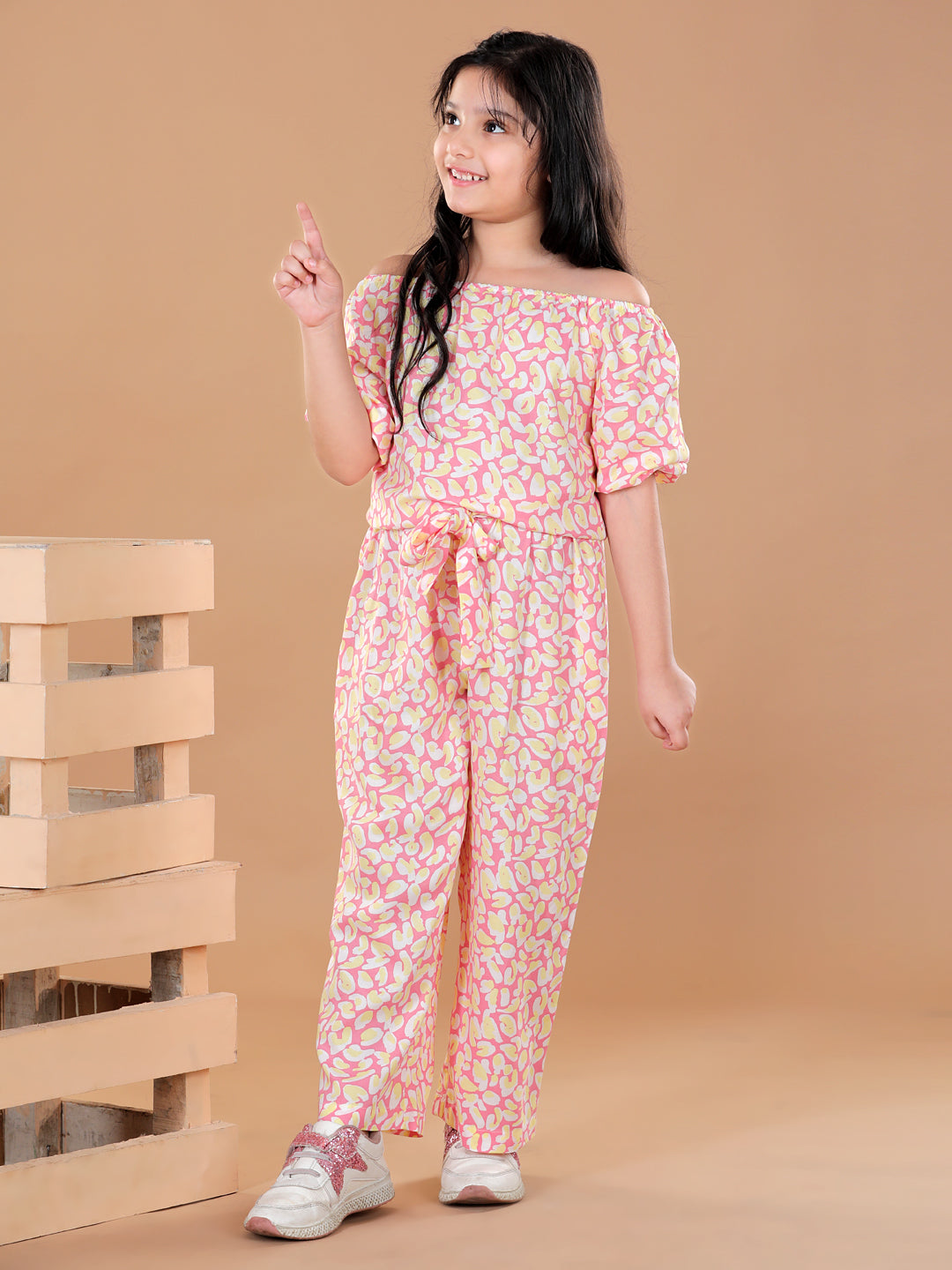 Girls Rayon Pink Offshoulder Jumpsuit