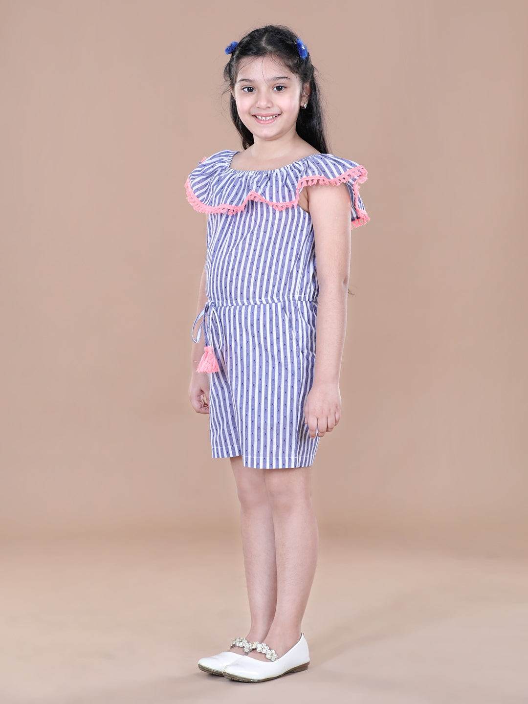 Girls Blue Striped Playsuit with Pink Lace Inserts