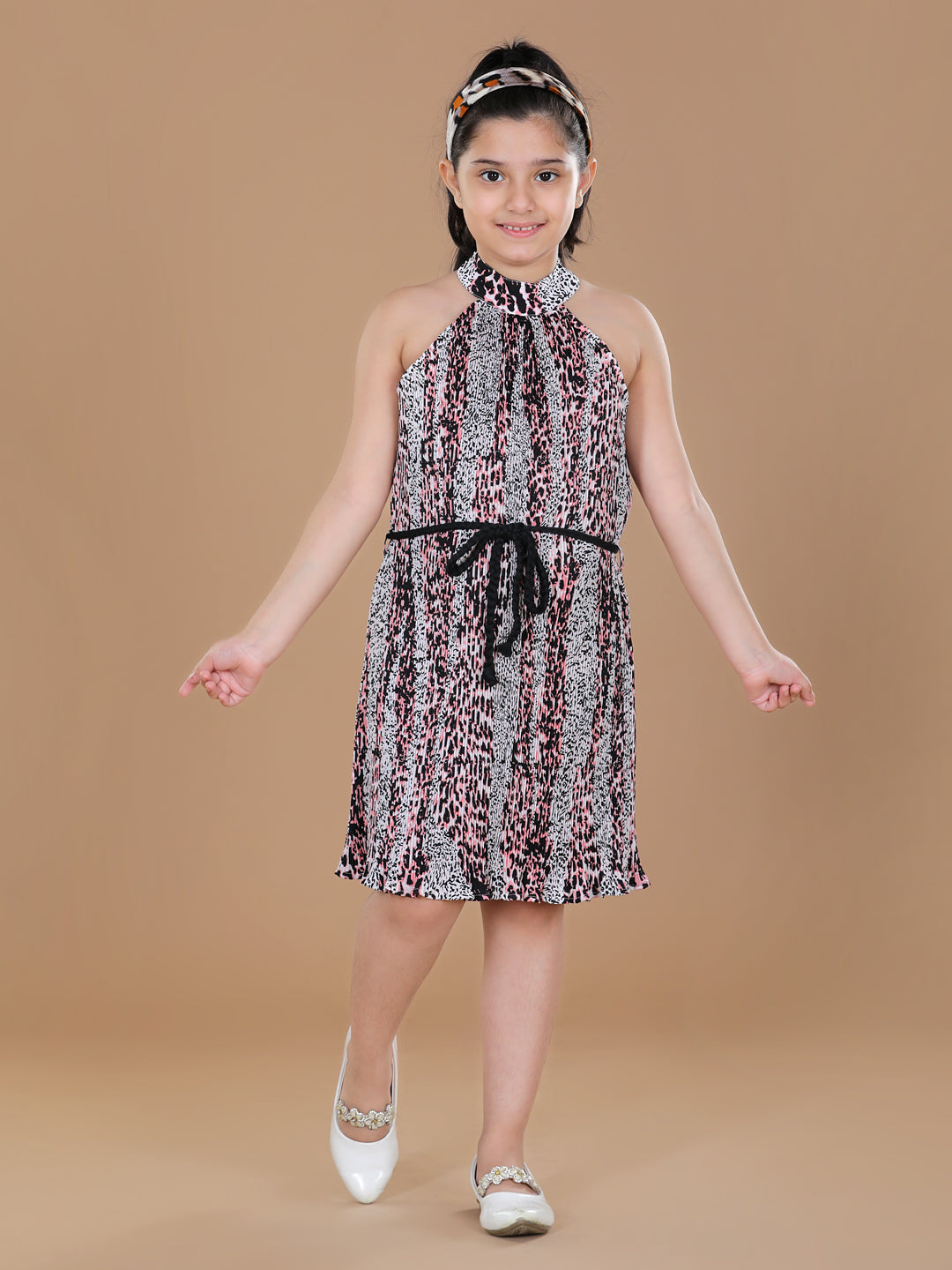 Girls PolyCrepe Pleated Tiger Print Dress
