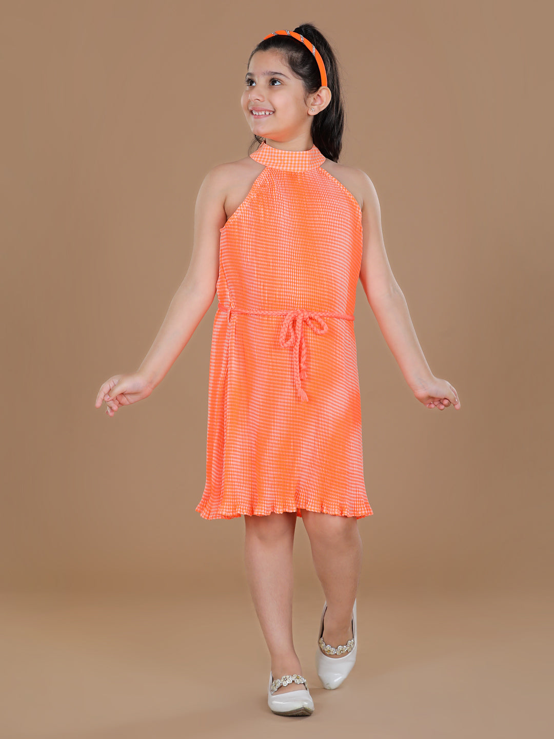Girls PolyCrepe Pleated Orange Print Dress