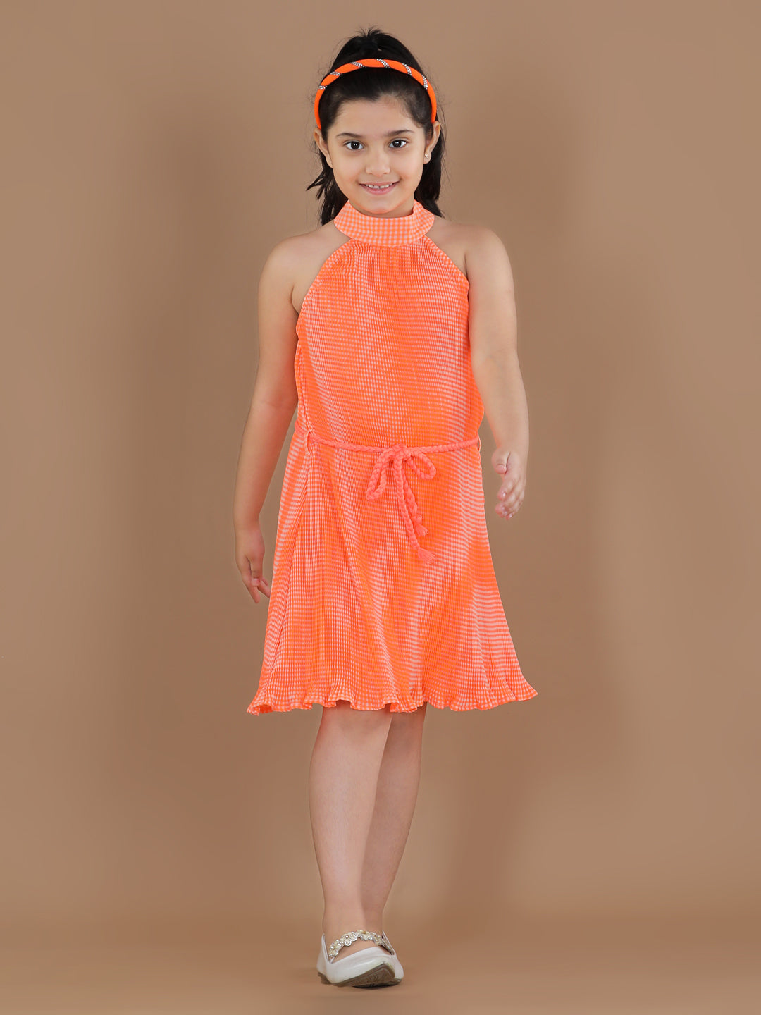 Girls PolyCrepe Pleated Orange Print Dress