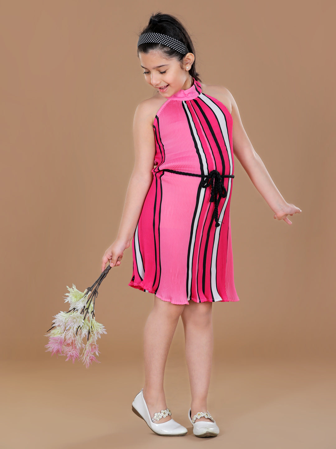 Girls PolyCrepe Pleated Pink  Print Dress