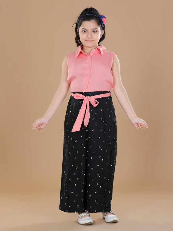 Girls Rayon Peach & Black Jumpsuit