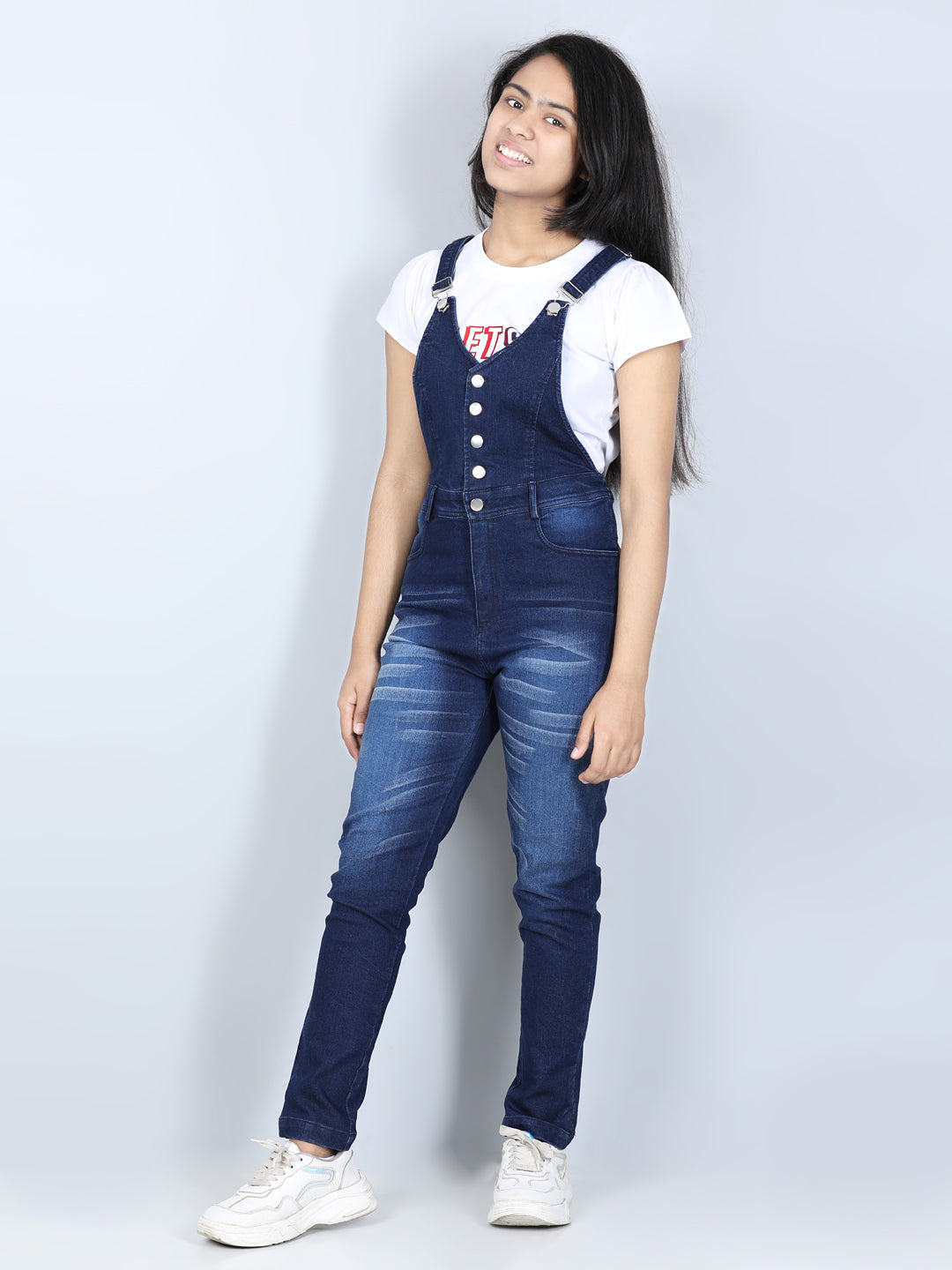 Girls Navy Denim Dungaree with Front Buttons ( T Shirt not provided)