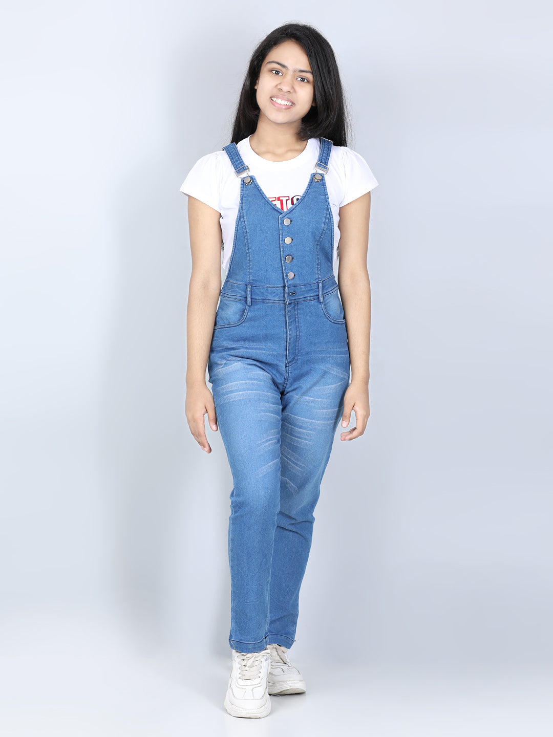 Girls Light Blue Denim Dungaree with Front Buttons ( T Shirt not provided)