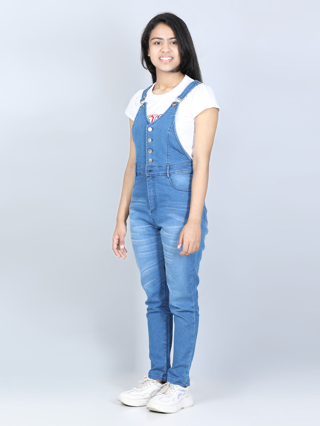 Girls Light Blue Denim Dungaree with Front Buttons ( T Shirt not provided)