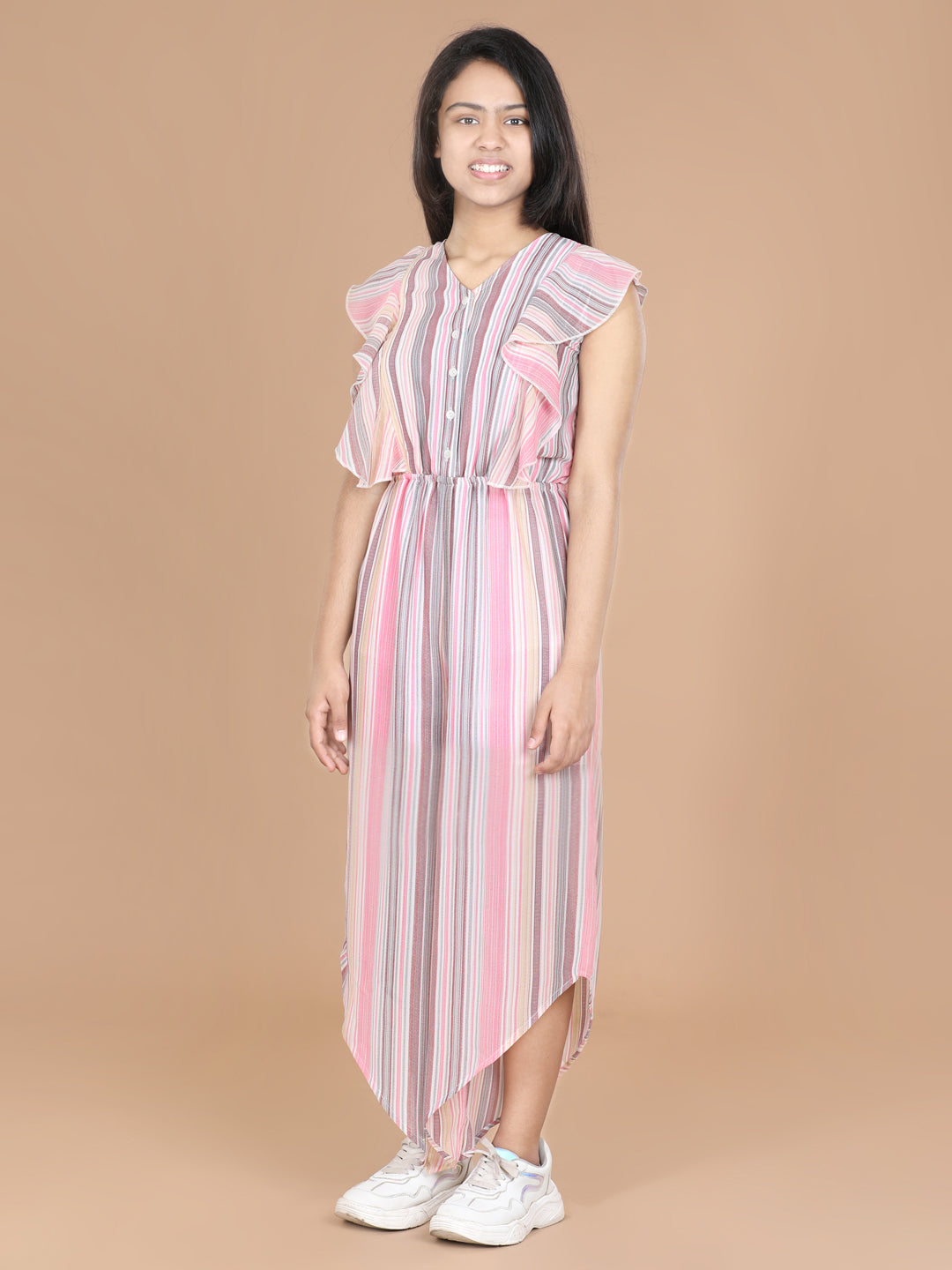 Girls Striped Polyester Jumpsuit with Asymmetric Hemline