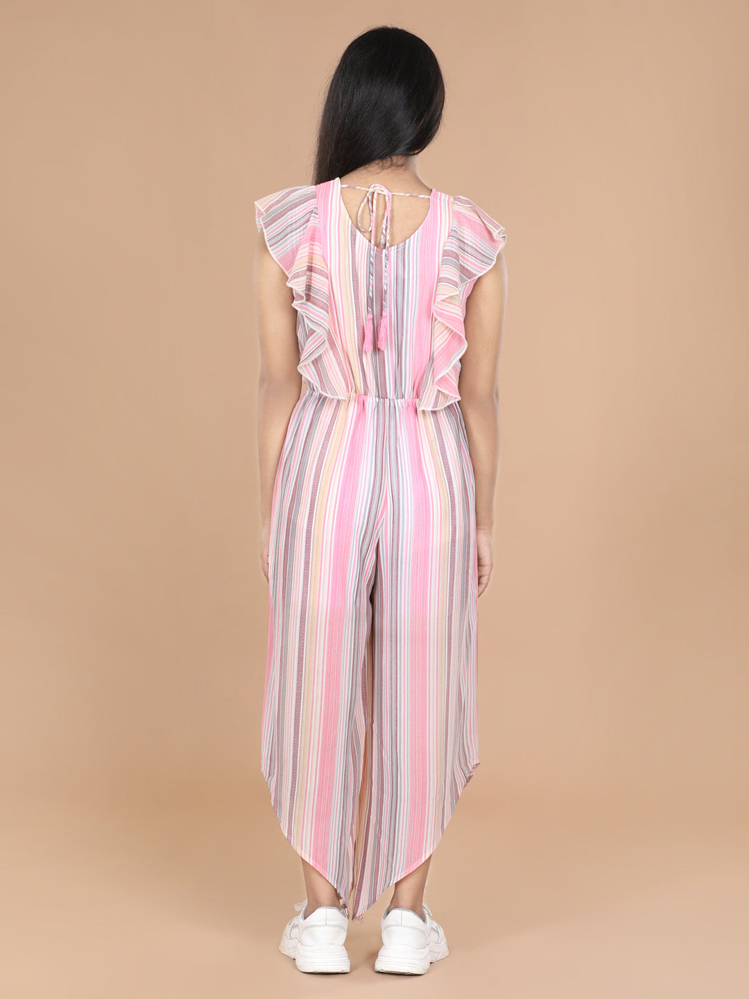 Girls Striped Polyester Jumpsuit with Asymmetric Hemline