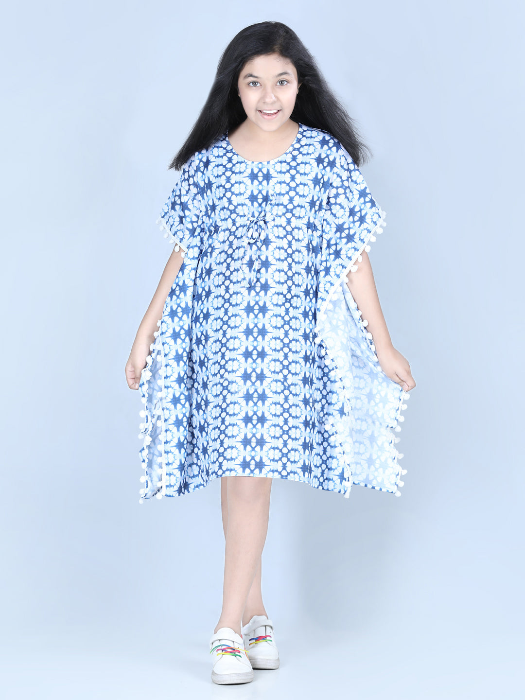 Girls Cotton Blend  Printed Kaftan Dress with Pom Pom