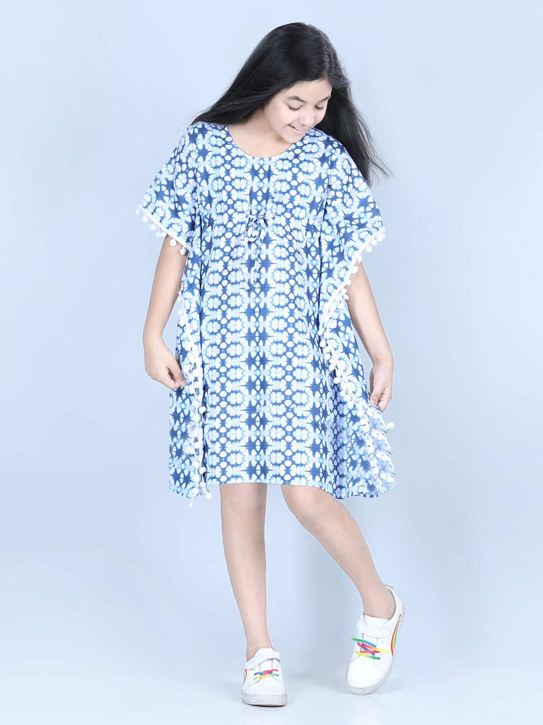 Girls Cotton Blend  Printed Kaftan Dress with Pom Pom