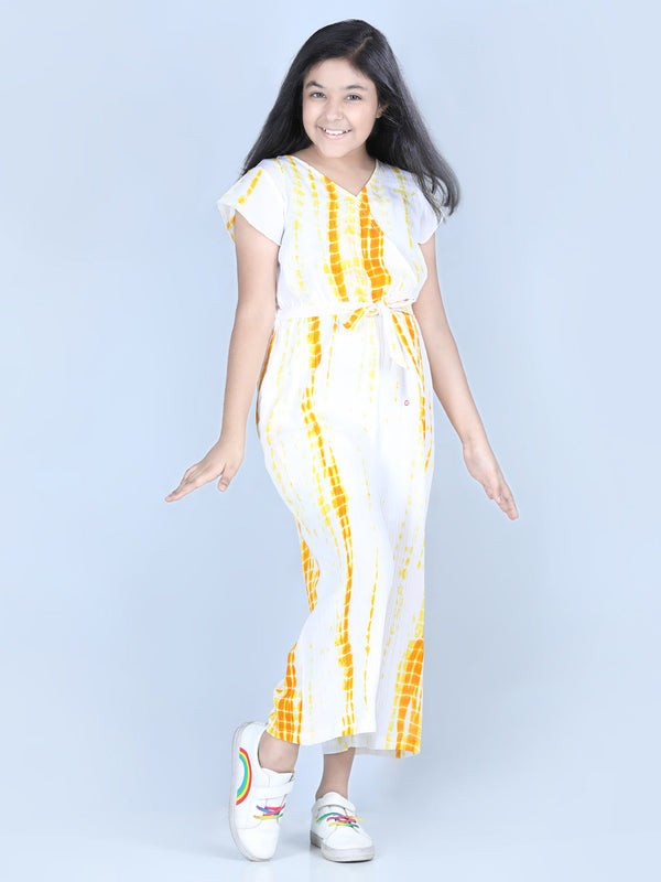 Girls Rayon Yellow Tie & Dye Jumpsuit