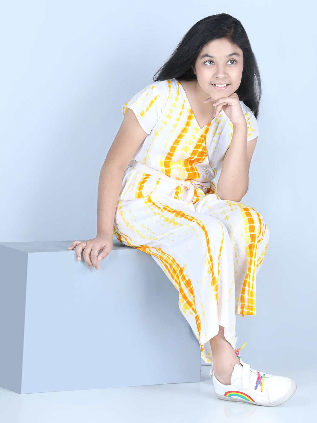 Girls Rayon Yellow Tie & Dye Jumpsuit