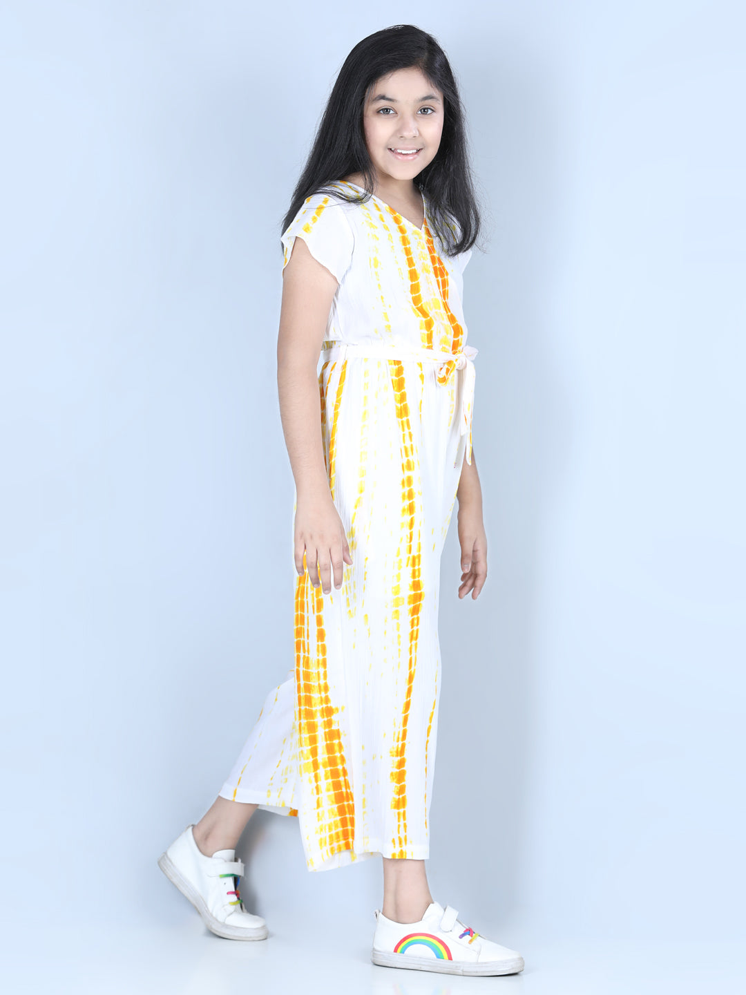 Girls Rayon Yellow Tie & Dye Jumpsuit