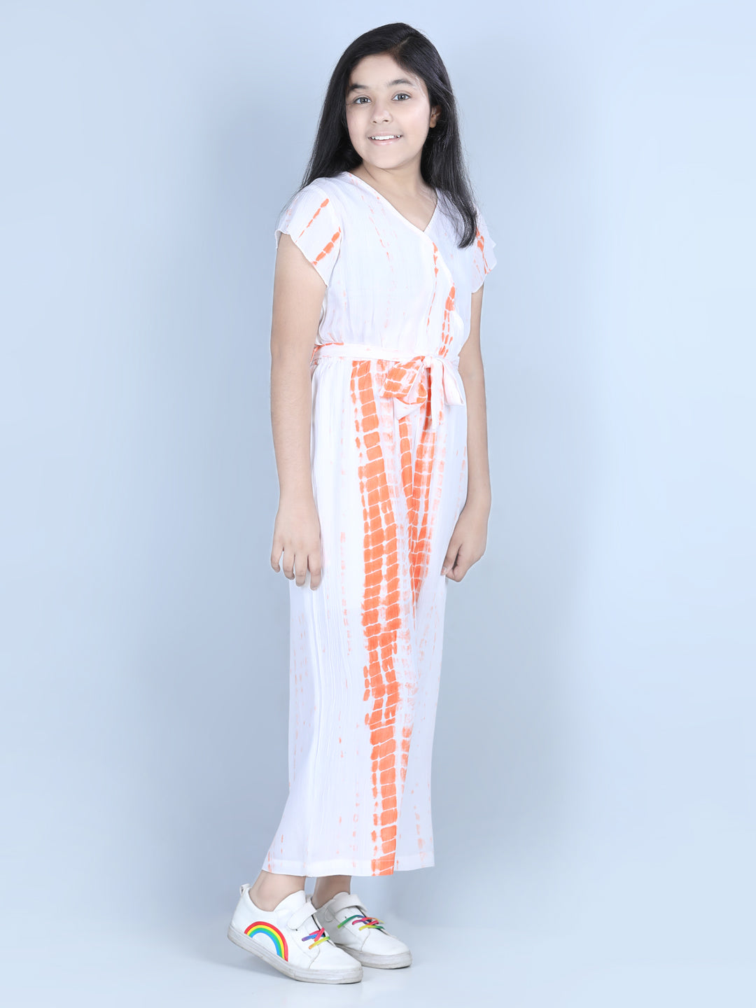 Girls Rayon Orange Tie & Dye Jumpsuit