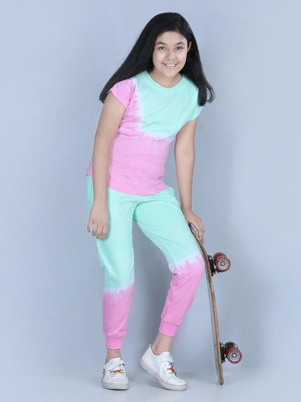 Girls Multicolored Tie & Dye Cotton Track Suit Set