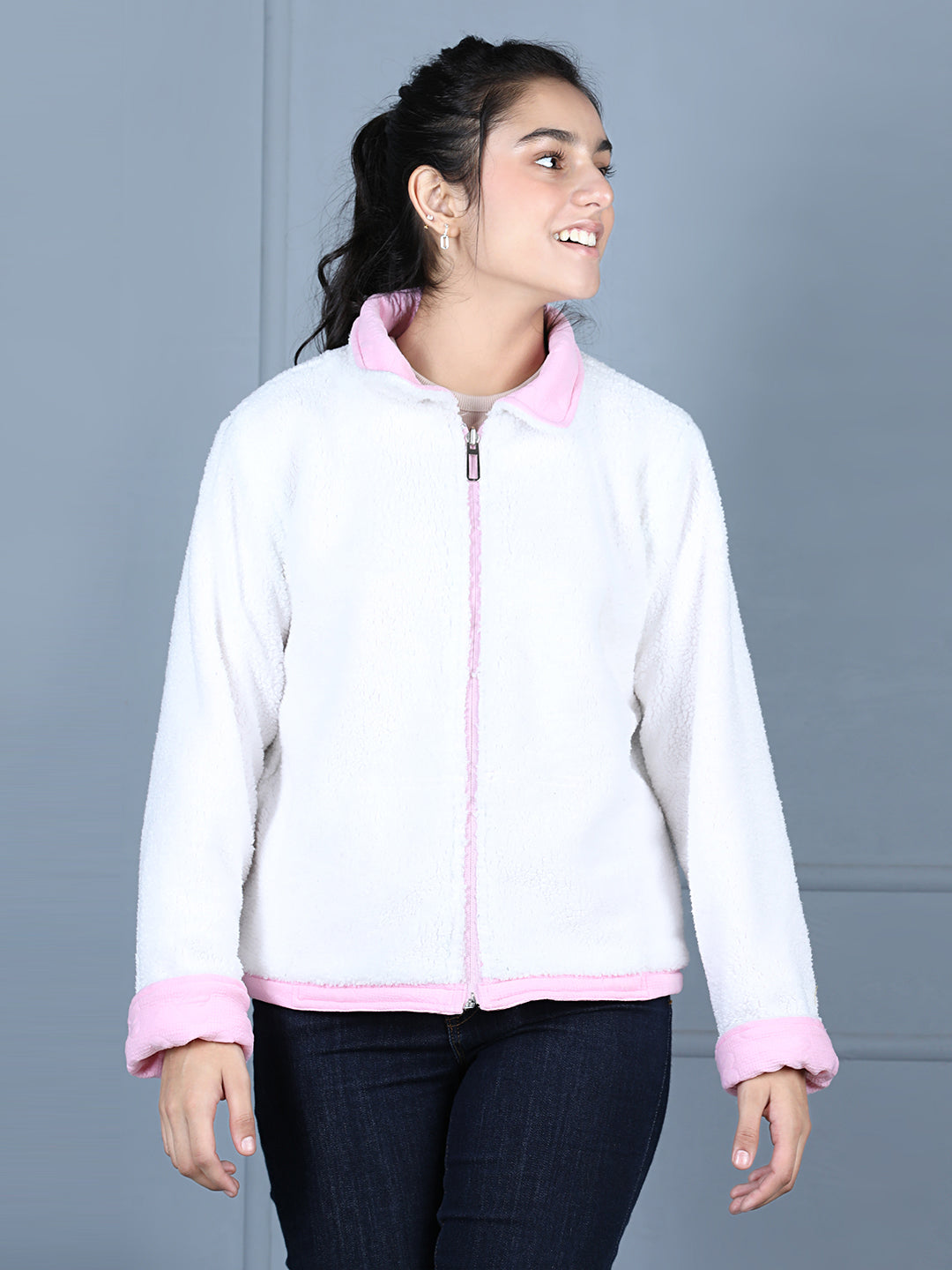 StyleStone Girls Pink & White Reversible Fleece Jacket