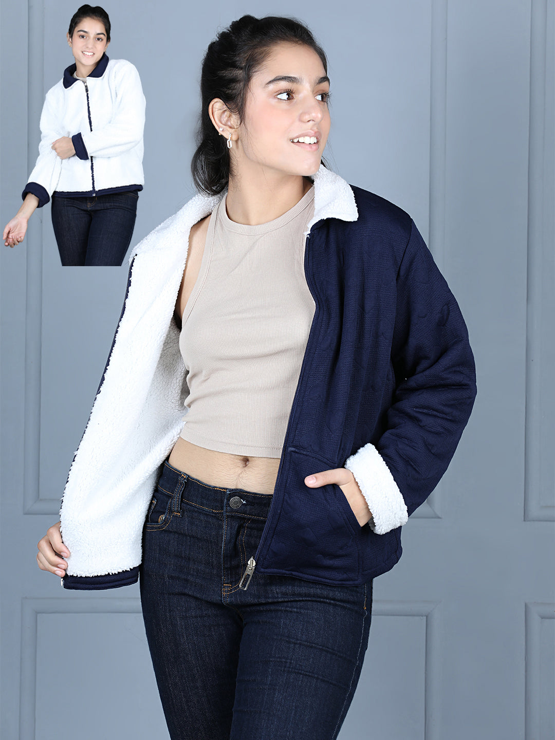 StyleStone Girls Navy & White Reversible Fleece Jacket