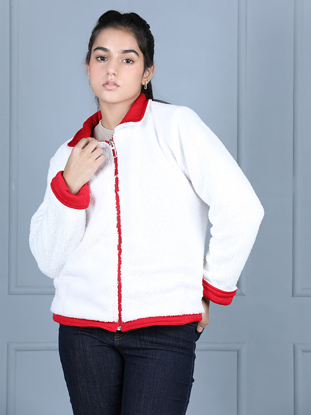 StyleStone Girls Red & White Reversible Fleece Jacket