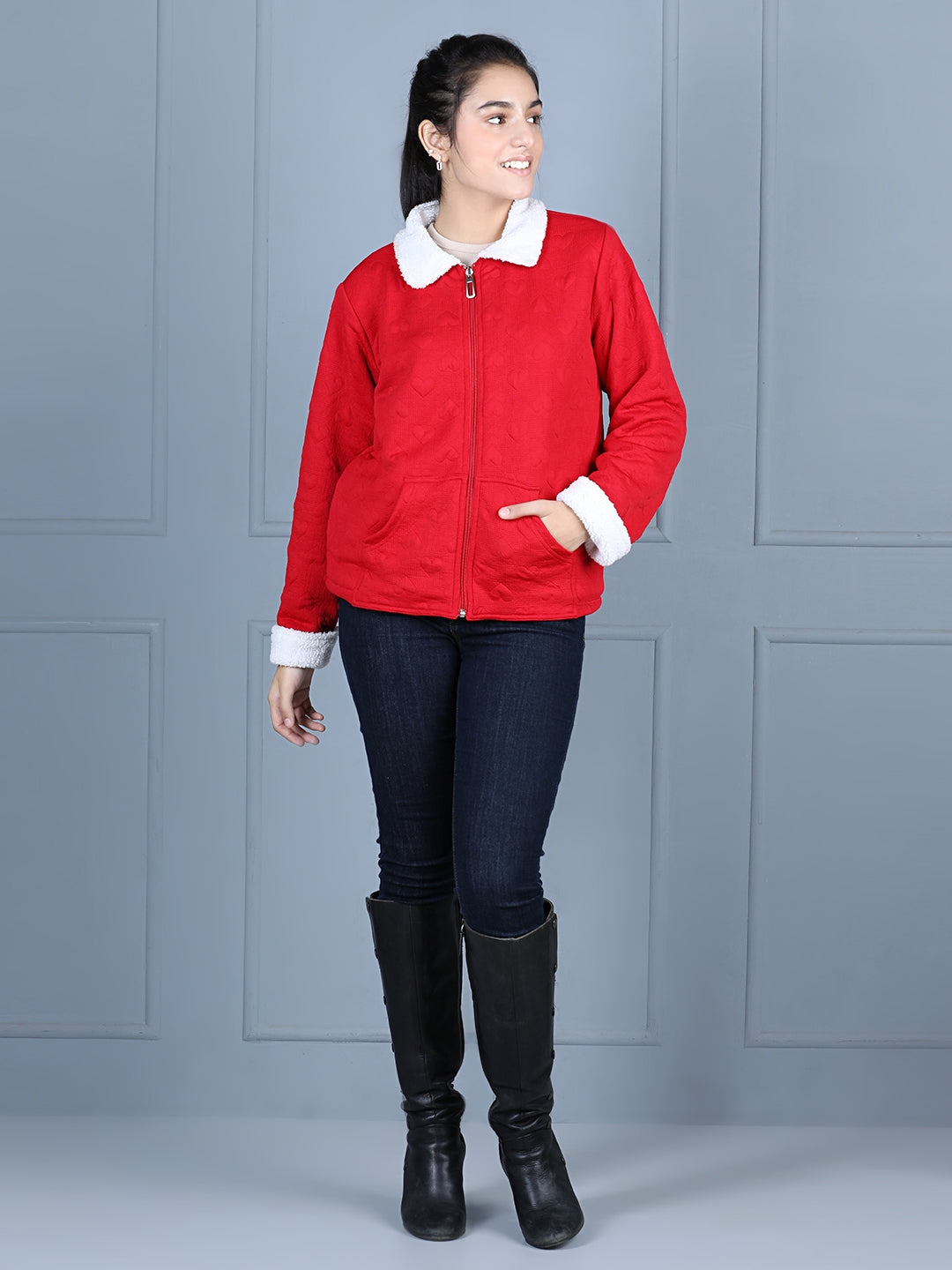 StyleStone Girls Red & White Reversible Fleece Jacket