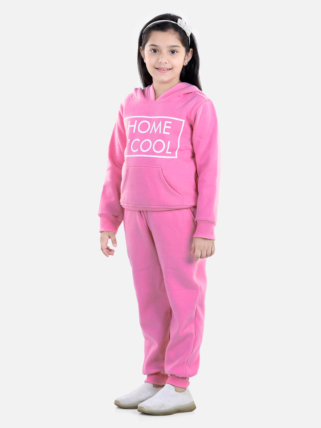 StyleStone Girls Dark Pink Home S'Cool Printed Hooded Track Suit Set