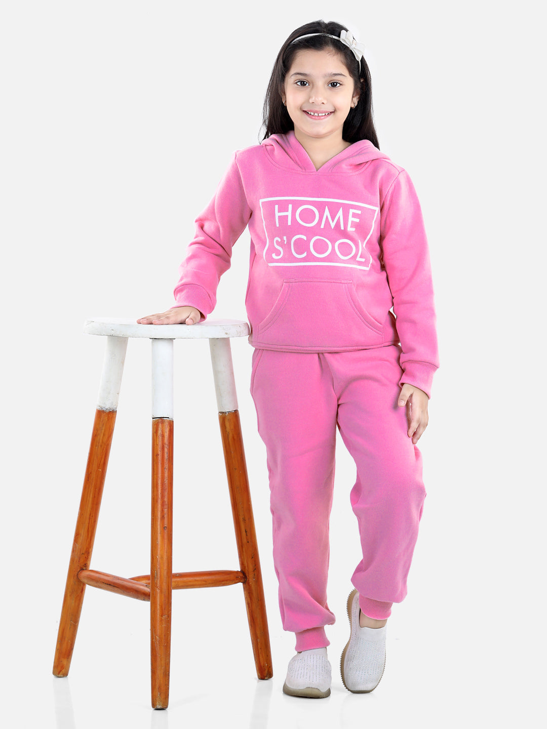 StyleStone Girls Dark Pink Home S'Cool Printed Hooded Track Suit Set